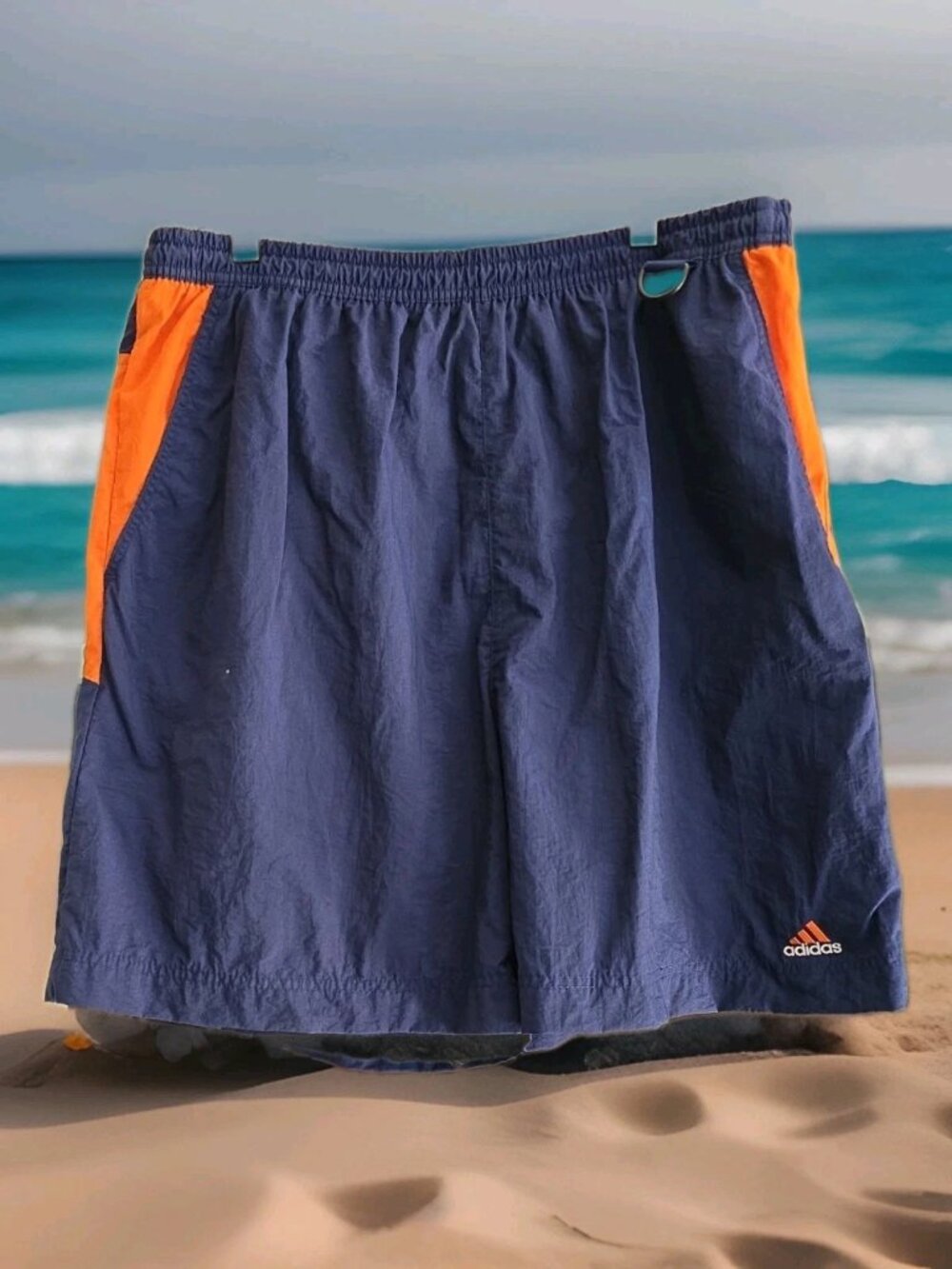 Vintage 90s Adidas Colorblock Swim Trunks Navy Blue Orange Men's Size XL